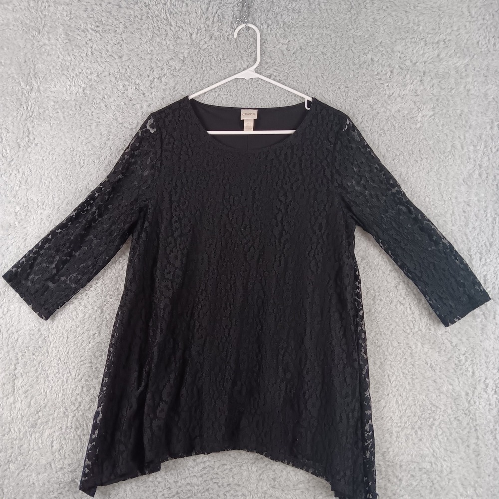 Chicos Black Leopard Lace Tunic Top 3/4 Sleeve Lined Sharkbite Hemโ Size 1 M